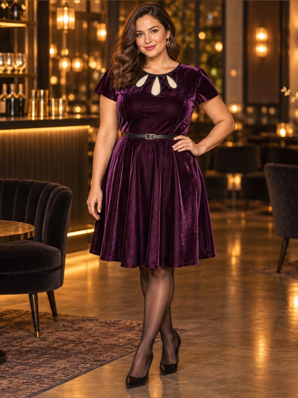 ModCloth Plum Velvet Keyhole Neck Fit Flare Cocktail Holiday Dress Size XL
